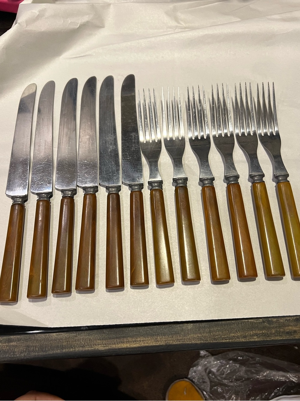Vintage STA-BRITE Stainless Steel Flatware 12 Pc Set Amber Brown Forks & Knives